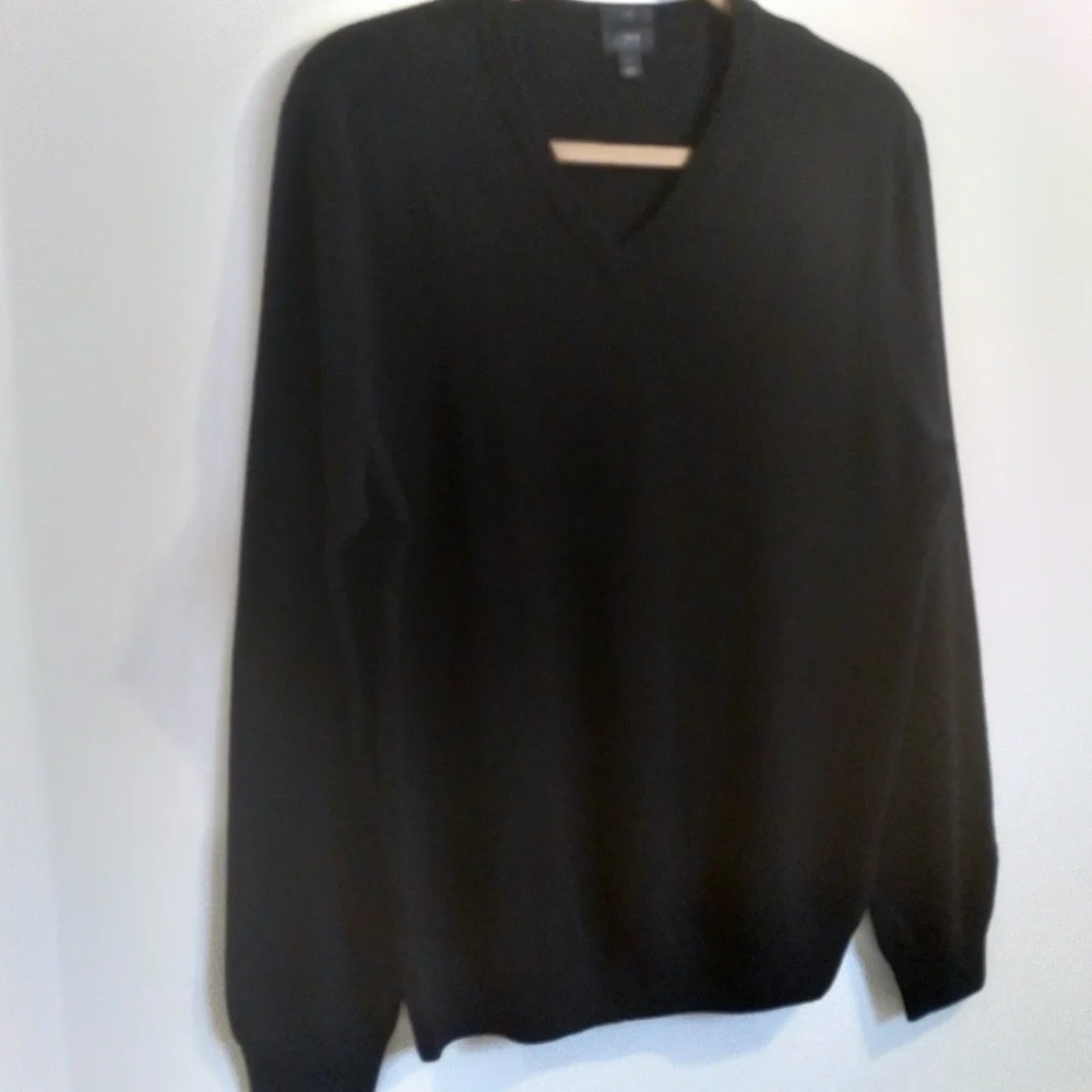 J. Crew Slim Black Merino Wool V-Neck‎ Sweater Minimalist Quiet Luxury  Large